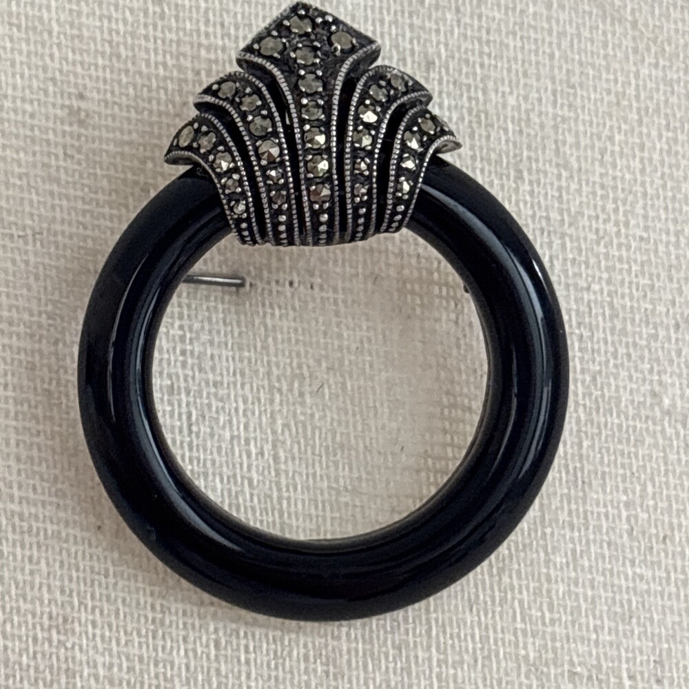 Vintage Sterling Marcasite Black Onyx Pin Brooch Doorknocker Art Deco